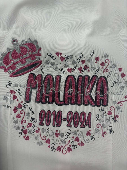 Personalised Crown, Glitter, Swirls, Hearts School Leavers Signing Shirts for Class Year 2026 Children. Colours include Pink & Silver Glitter