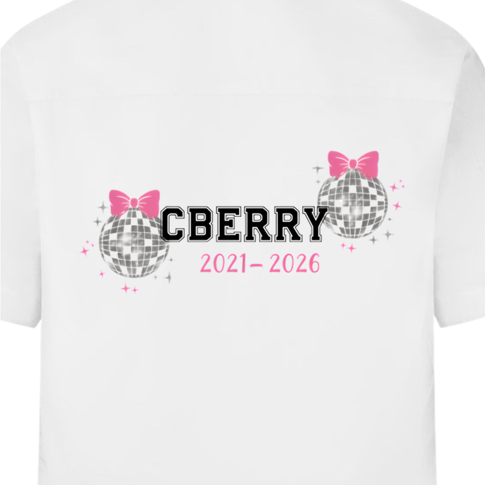 personalised glitter disco balls & bows school leavers signing shirt back