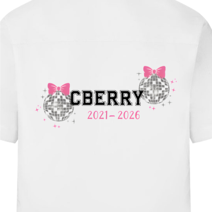 personalised glitter disco balls & bows school leavers signing shirt back