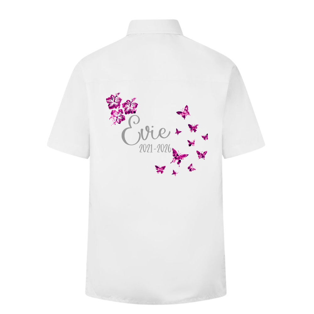 White leavers signing shirt with pink butterfly design and 'Evie' text on a white background
