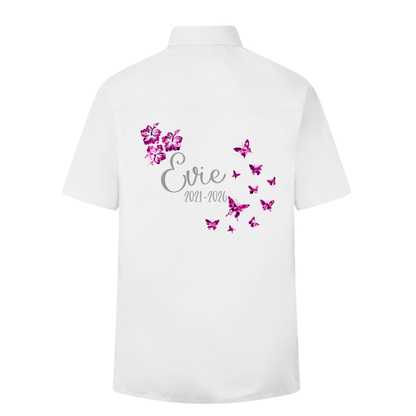 White leavers signing shirt with pink butterfly design and 'Evie' text on a white background