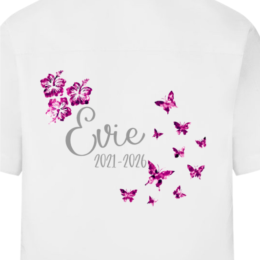 White leavers signing shirt with glitter pink butterflies and hibiscus flowers. The name and start and leavers yearsalso appear