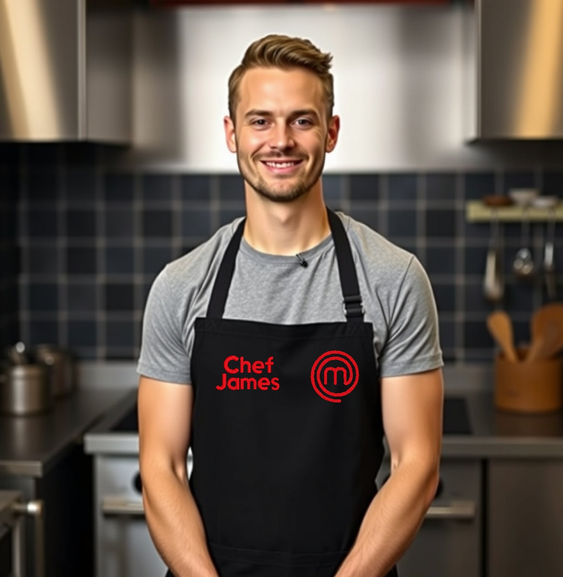 Personalised Black MasterChef apron with custom name embroidery UK