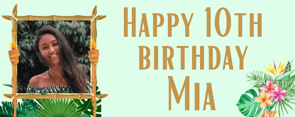 A birthday banner featuring a photo of a smiling person with a 'Happy 10th Birthday' message, surrounded by a tropical-themed decoration with palm trees and flowers.