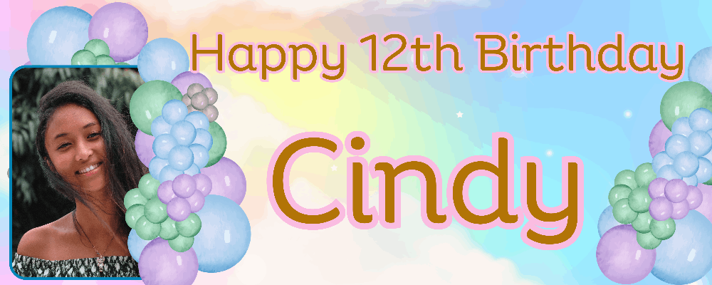 A personalized birthday banner for a 12th birthday featuring a photo of a smiling person with balloons and the name 'Cindy' in bold letters.