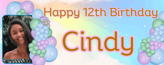 A personalized birthday banner for a 12th birthday featuring a photo of a smiling person with balloons and the name 'Cindy' in bold letters.