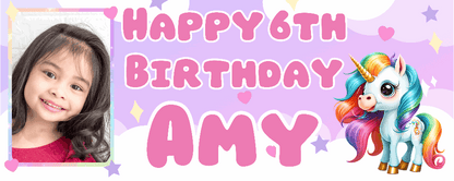 A unicorn-themed birthday banner with a photo of a child and the text 'HAPPY 6TH BIRTHDAY AMY'.
