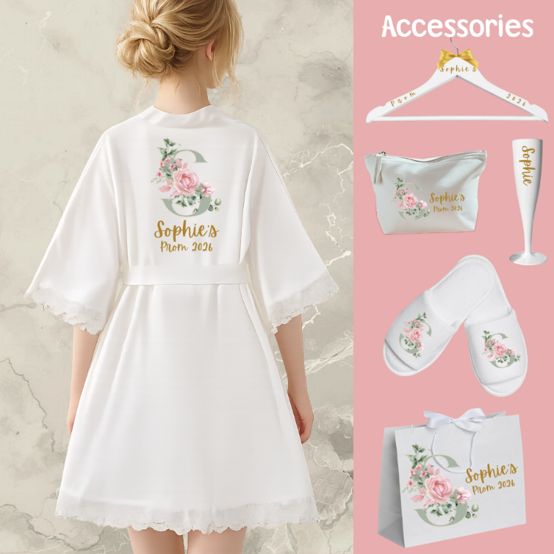 Personalised Prom Decorative Initial Design Satin Lace Robe with accessories Hanger, Make Up Bag, Champagne Flute, Slippers & Gift Bag 