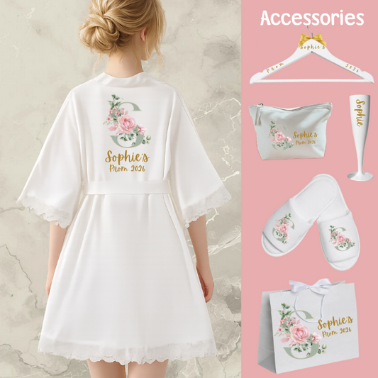 Personalised Prom Decorative Initial Design Satin Lace Robe with accessories Hanger, Make Up Bag, Champagne Flute, Slippers & Gift Bag 