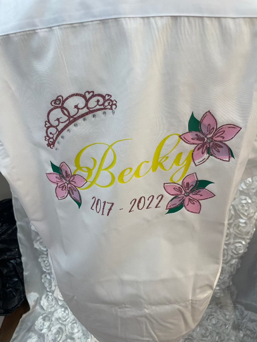 Personalised Glitter & Diamante School Leavers Signing Shirts for Class Year 2025 Children. A beautiful Keepsake of Memories from the Last Day Of School. This listing is for Pink Glitter & Diamanté Crown, Pink Flower Design - Your name in Yellow along with leavers dates.
