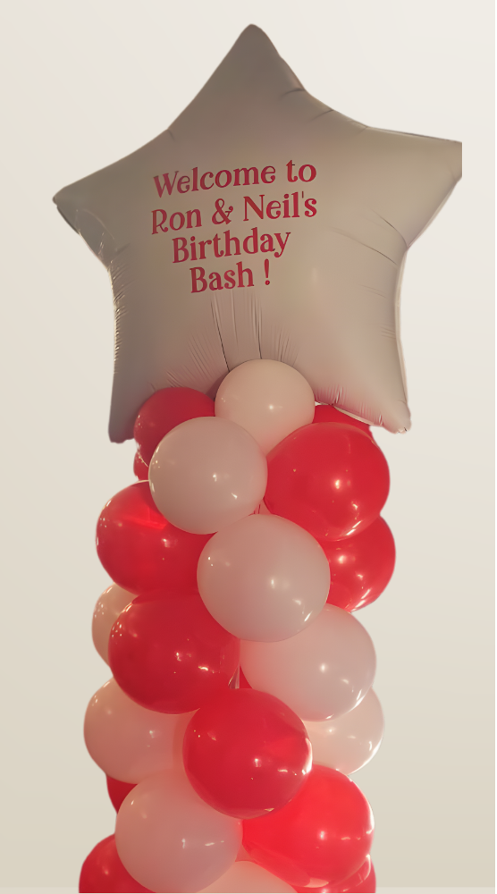 Personalised white foil balloon star in red and white balloons.