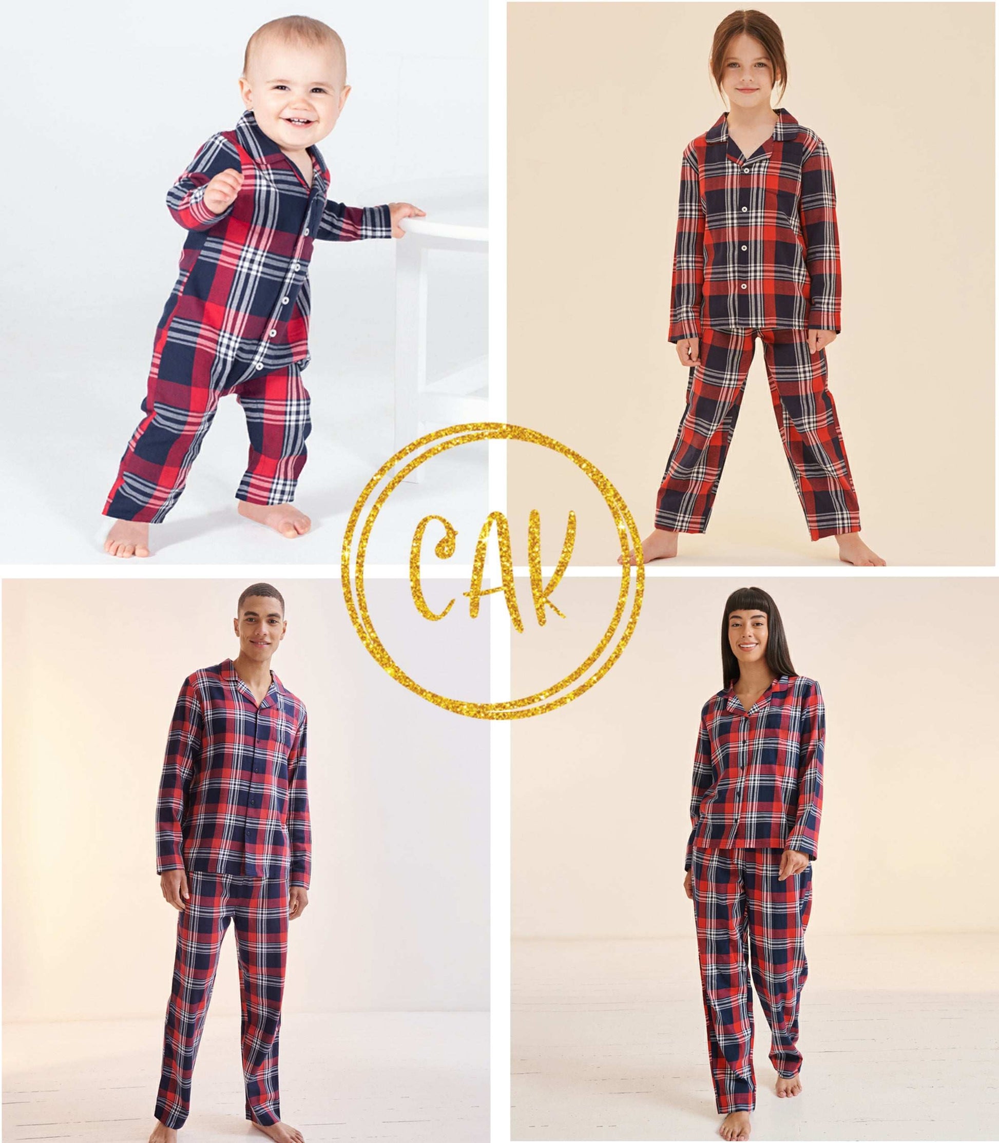 Matching Red, Blue & White Tartan Pyjama Sets - Monogram Personalised - CreationPartyShop