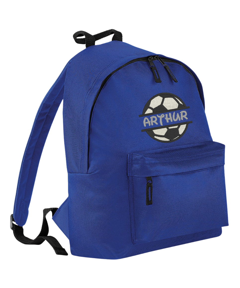 Introducing the fabulously fashionable, junior-sized Personalised Embroidery Junior School Backpack! It's got it all: a nifty zippered front pocket, extra-cushy back panel and adjustable shoulder straps, plus a handy grab handle to boot!

Embroidery Football Monogram & Name design with a choices of font designs and colour.

Choose between 9 colours - Jet Black, Jungle Camo, Navy Blue, Pink, Sky Blue, Purple, Burgundy, Royal Blue & Bottle Green.