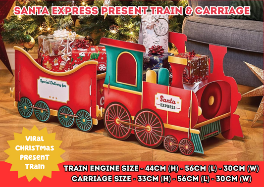 Santa Christmas Train &amp; Carriage Gift Holder – Create festive magic with this 3D train-style gift holder featuring an engine and carriage sections, perfect for storing Christmas presents, sweets, or toys. Measuring approx. 89cm (L) x 30cm (W) x 44cm (H), it’s a standout Christmas display.