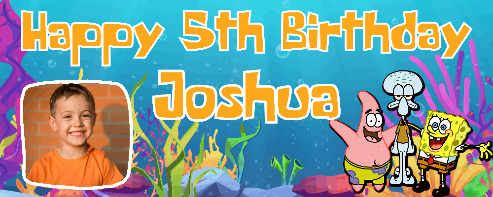 A colorful Sponge Bob themed birthday banner with an image of a young boy, personalized with the name 'Joshua'. The banner features animated characters from the Sponge Bob series and is set against a vibrant underwater background.