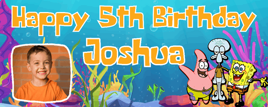 A colorful Sponge Bob themed birthday banner with an image of a young boy, personalized with the name 'Joshua'. The banner features animated characters from the Sponge Bob series and is set against a vibrant underwater background.