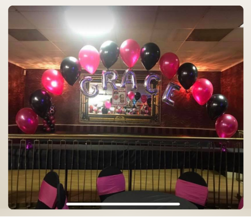 string of pearl balloon arch with small foil balloon letters in Liverpool