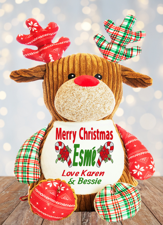 Prancer's here! Our Tartan Cubbies Reindeer Bear, is sure to leave you and your loved ones smitten with its corduroy brown body, sweetly-decorated antlers, arms, and feet, and sweet black eyes. Make it truly unique with a personalised design and make those special christmas moments even more unforgettable!

This 13" Prancer the tartan reindeer&nbsp;is the perfect addition to your Christmas festivities. Expertly crafted and with a zipper design, it's simple to machine-wash it before snuggle time.