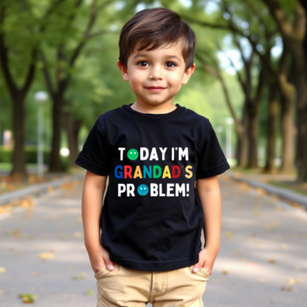 Introducing Today I'm Grandad's Problem! T Shirt - ideal for all those cheeky kiddos! They're the perfect match for any child. Printed on the back or front of super soft t shirts.

Select from a choice of 14 t shirt Colours for both baby and toddlers.