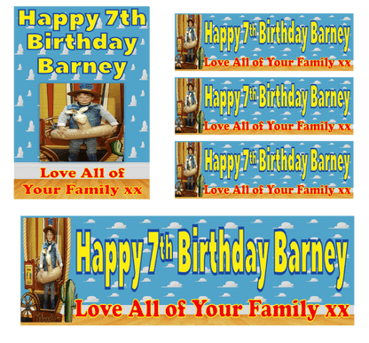 Personalised photo birthday banners and posters themed around Toy Story.  Toy story themed posters and banners for that special birthday. Includes any image uploaded to your posters and banners. Let your birthday party be the talk of the town with these Toy Story themed posters and banners! Plus, you can customize them with any image you want - your options are endless!