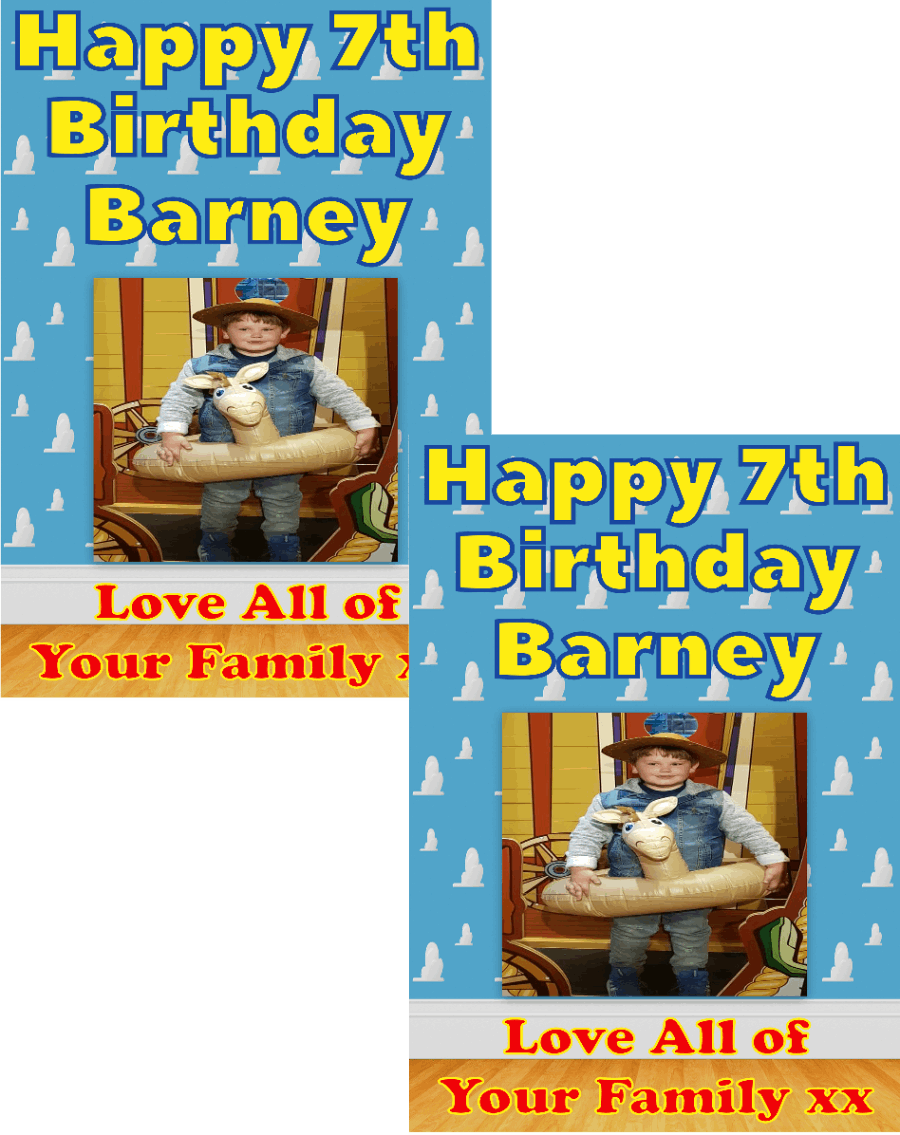 Personalised photo birthday banners and posters themed around Toy Story.  Toy story themed posters and banners for that special birthday. Includes any image uploaded to your posters and banners. Let your birthday party be the talk of the town with these Toy Story themed posters and banners! Plus, you can customize them with any image you want - your options are endless!