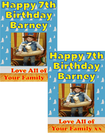 Personalised photo birthday banners and posters themed around Toy Story.  Toy story themed posters and banners for that special birthday. Includes any image uploaded to your posters and banners. Let your birthday party be the talk of the town with these Toy Story themed posters and banners! Plus, you can customize them with any image you want - your options are endless!