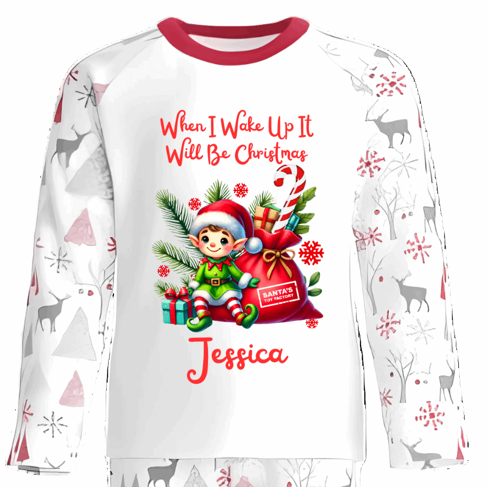 Celebrate the magic of Christmas Eve in these snug personalised pyjamas, featuring a cute Sitting Elf and a festive Gift Bag. With the cheerful phrase “When I Wake Up It Will Be Christmas,” they capture the excitement of the countdown in the coziest, most delightful way.
