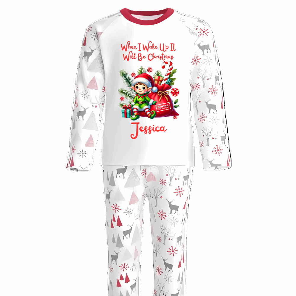 Celebrate the magic of Christmas Eve in these snug personalised pyjamas, featuring a cute Sitting Elf and a festive Gift Bag. With the cheerful phrase “When I Wake Up It Will Be Christmas,” they capture the excitement of the countdown in the coziest, most delightful way.