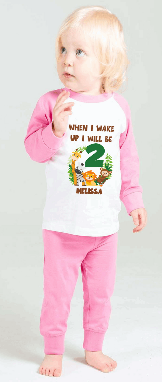 Cute Zoo Animal themed When I Wake Up girls pyjamas for that special birthday. Give your child the gift of cosiness and cuteness for their special birthday. These pyjamas are perfect for the night before there birthday! Not only will your child feel snuggly and warm, but they'll also look adorably stylish in these themed PJ's. No other gift can compete!  Made from 100% Cotton, Sizing from 0-6 Months to 3/4 Years.  Personalisation included Free of Charge.
