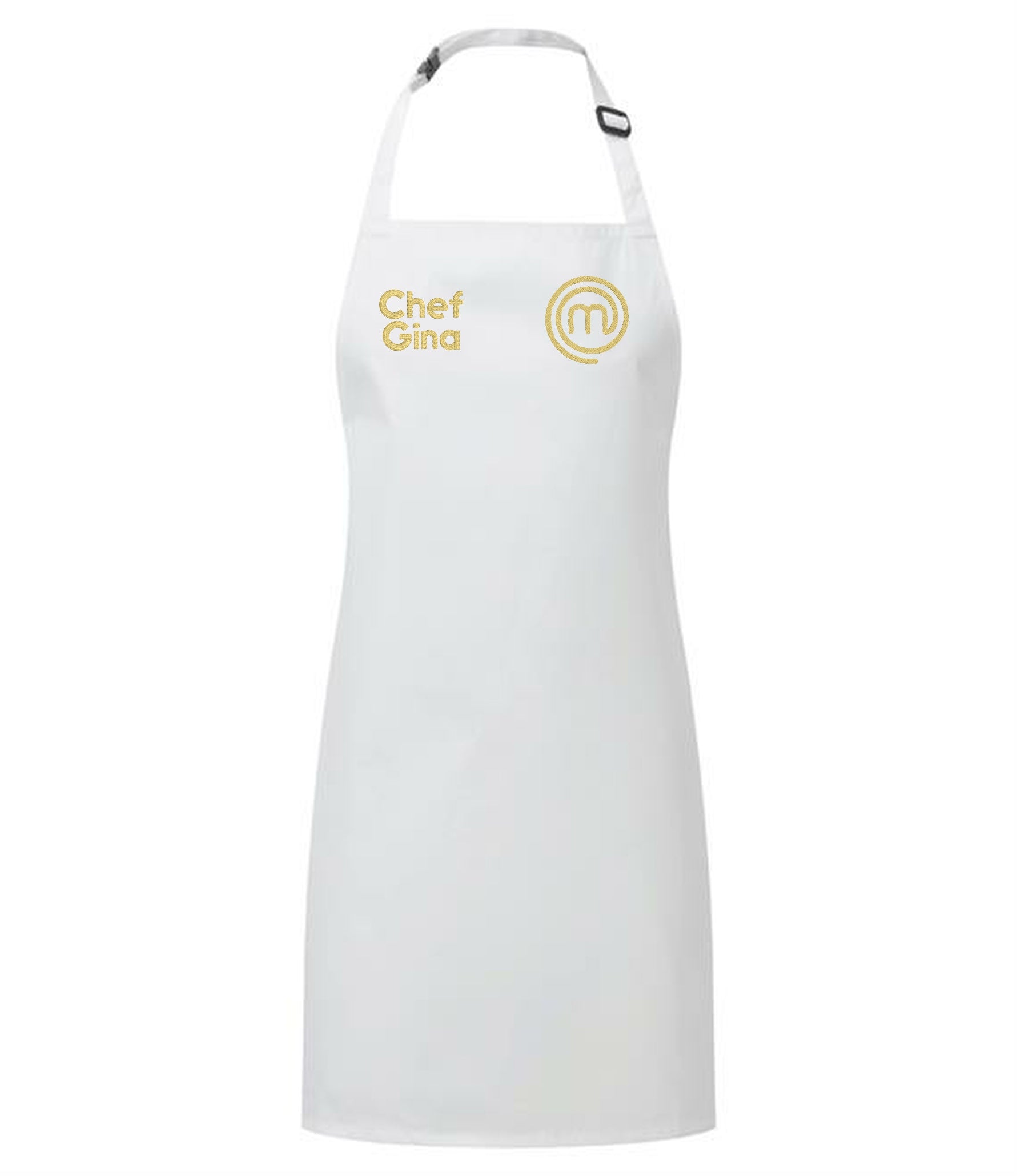 Personalised White MasterChef apron with custom name embroidery UK