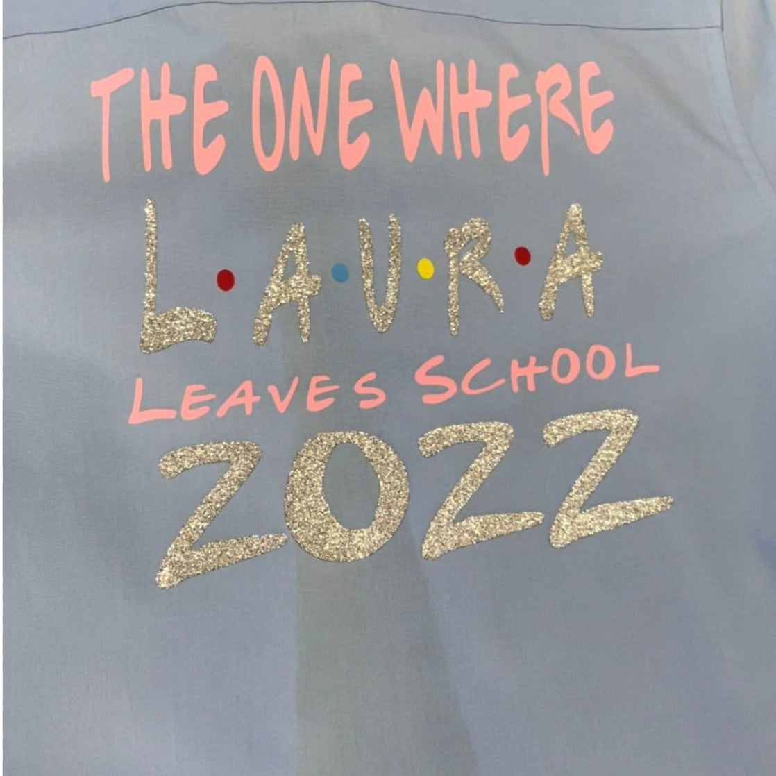 Make your last day of school one for the books with our Personalised Glitter Friends Leavers Signing Shirts for Class of 2025 kids. Capture memories of your amazing time at school with this beautiful keepsake. Our Glitter Friends Themed Design - The One Where Leaves School - is here to make it a fun and colorful farewell. Don't be afraid to shake things up and choose your own colors too (as long as they're available, of course)!