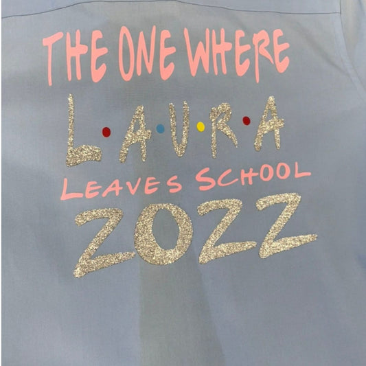 Make your last day of school one for the books with our Personalised Glitter Friends Leavers Signing Shirts for Class of 2025 kids. Capture memories of your amazing time at school with this beautiful keepsake. Our Glitter Friends Themed Design - The One Where Leaves School - is here to make it a fun and colorful farewell. Don't be afraid to shake things up and choose your own colors too (as long as they're available, of course)!