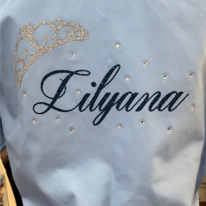 sparkly school leavers signing shirt with diamanté details and tiara in silver glitter
